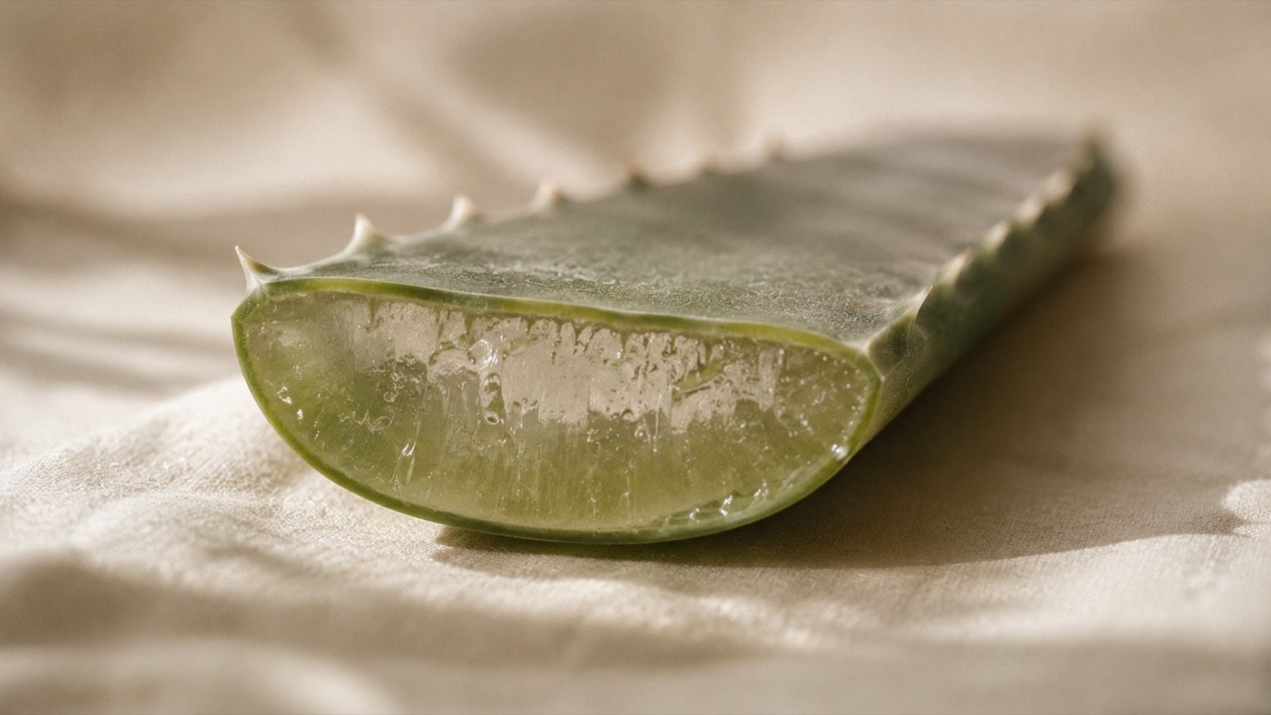 Feuille d'aloe coupée et gel translucide, macro honnête