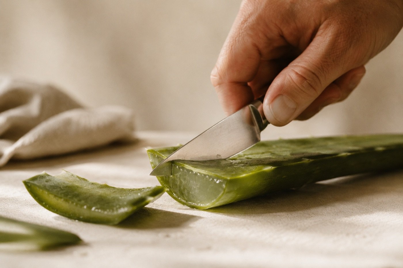 Main qui coupe une feuille d'aloe vera, le gel translucide apparaît