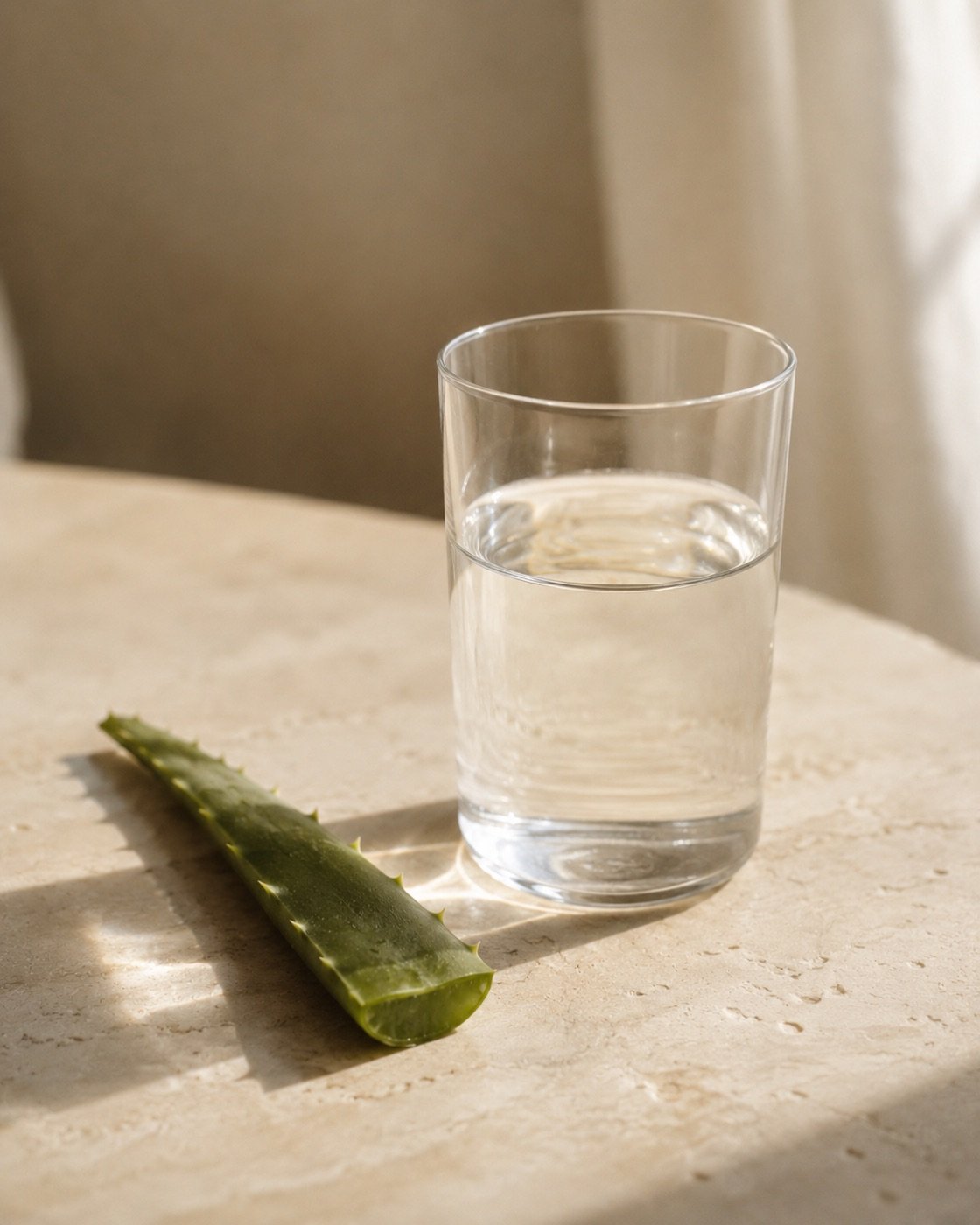 Un verre et un brin d'aloe sur une surface claire, lumière douce du matin