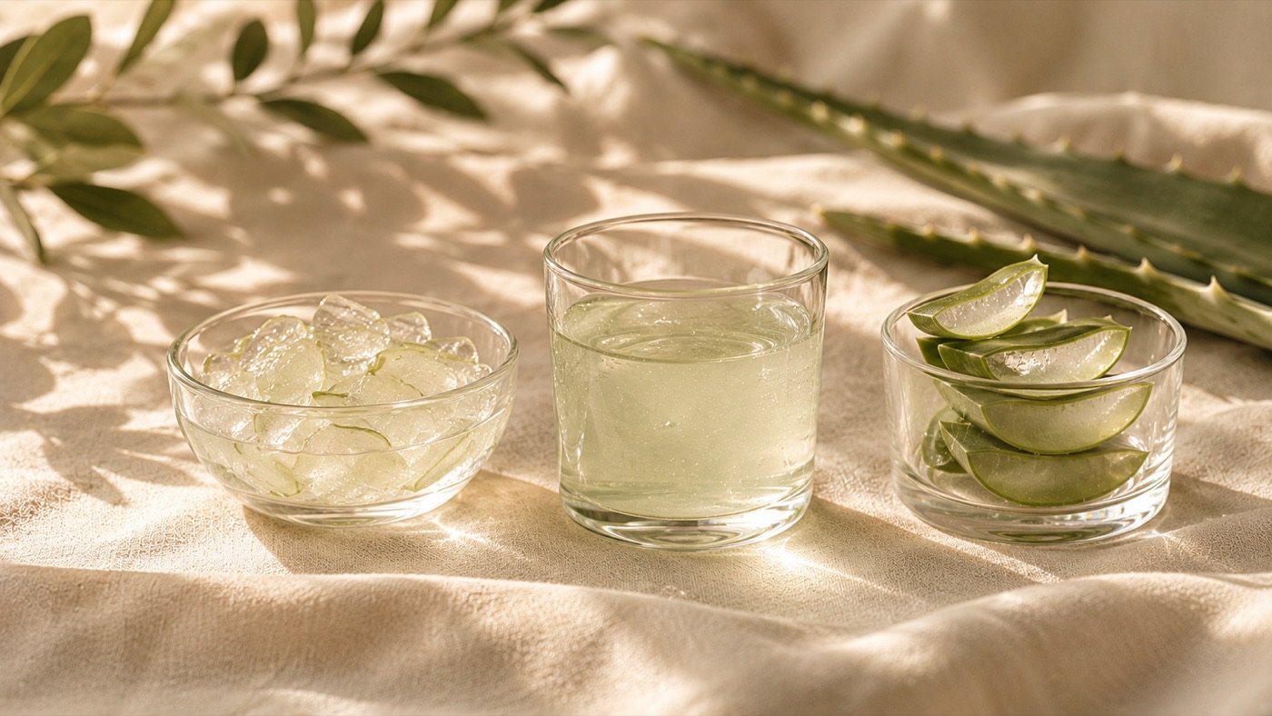 Différentes formes d'aloe vera : gel, pulpe, gelée
