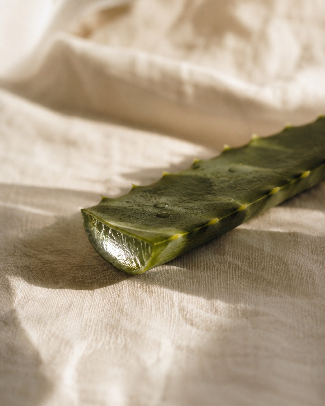 Feuille d'aloe vera fraîche en lumière naturelle, sur lin crème