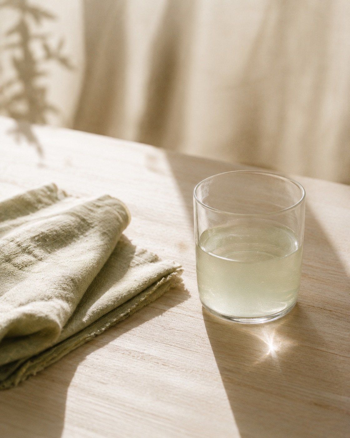 Un verre et un linge plié sur une surface naturelle, gestes simples du quotidien