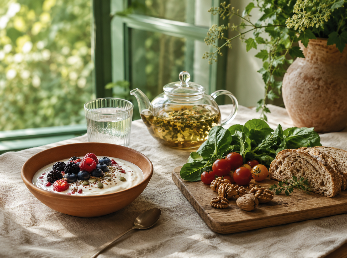 Bol de yaourt aux fruits rouges, infusion, légumes frais et pain complet sur une table en lin près d'une fenêtre